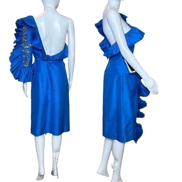 GUCCI Blue One-shoulder sequin-embellished ruffled silk RUNWAY MIDI Dress NEW - Picture 8 of 16